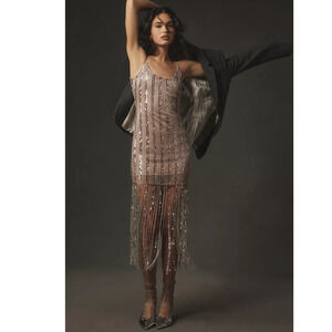 New Anthropologie Maeve Scoop-Neck Beaded Fringe Midi Dress $268 SIZE 14P Mauve